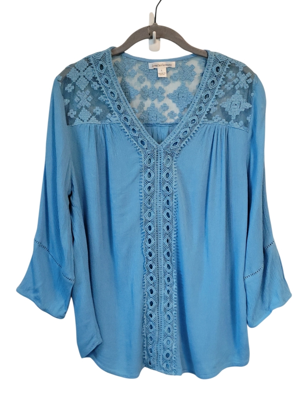 JohnPaulRichard Blue Lace Crochet Peasant Blouse L Romantic Boho 70s Prairie